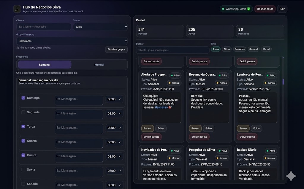 Painel Hub de Disparo com configuracoes de grupos e agenda